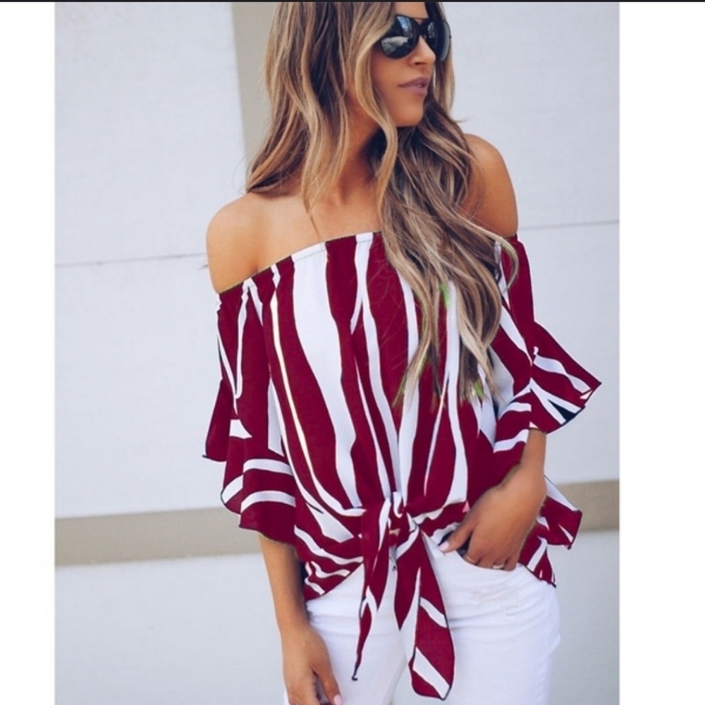 New Zebra Print Boho Off On Shoulder Front Tie Top - Picture 1 of 11